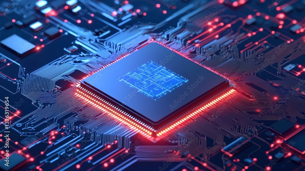 Poster futuristic microchip on high-tech circuit board with red glow