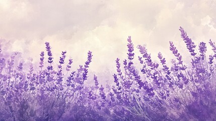 Obraz premium Lavender fields in watercolor display vibrant hues of purple under a soft spring sky