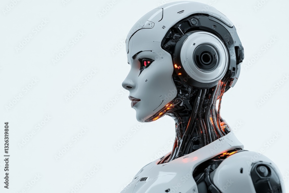 Poster advanced humanoid robot with intricate design and glowing features showcased against a minimalistic 