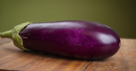 Single Fresh Eggplant With Glossy Purple Skin On Rustic Wooden Surface
