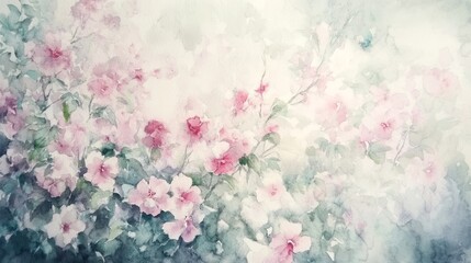 Delicate watercolor flowers create an abstract spring garden landscape with soft hues and gentle strokes