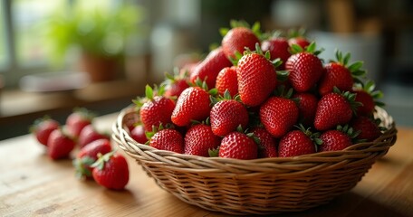 Wicker Basket Filled With Fresh Red Strawberries On Wooden Surface