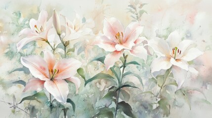 Delicate pink and white lilies bloom in watercolor abstraction celebrating the essence of spring