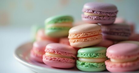 Assorted Pastel Macarons On White Plate With Creamy Filling And Soft Background