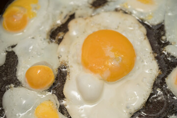 Chicken egg and 9 quail eggs in frying pan.