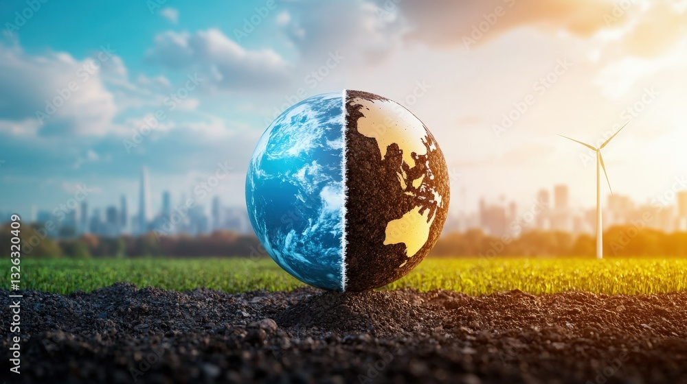 Poster a globe split in half showing pollution on one side and clean energy on the other