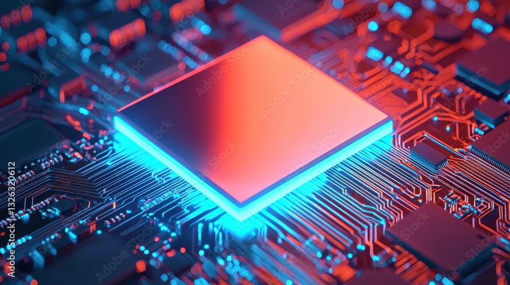 Aufkleber modern technology circuit board with microprocessor and neon lights