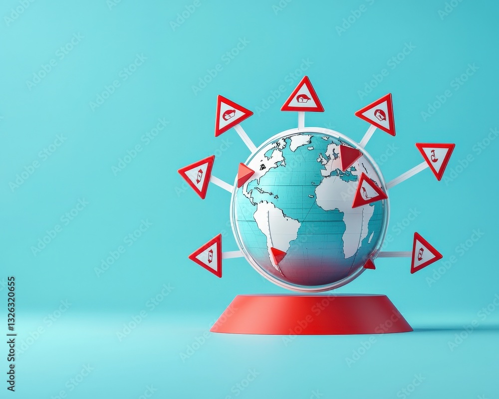 Poster a globe surrounded by triangular warning signs in red and white