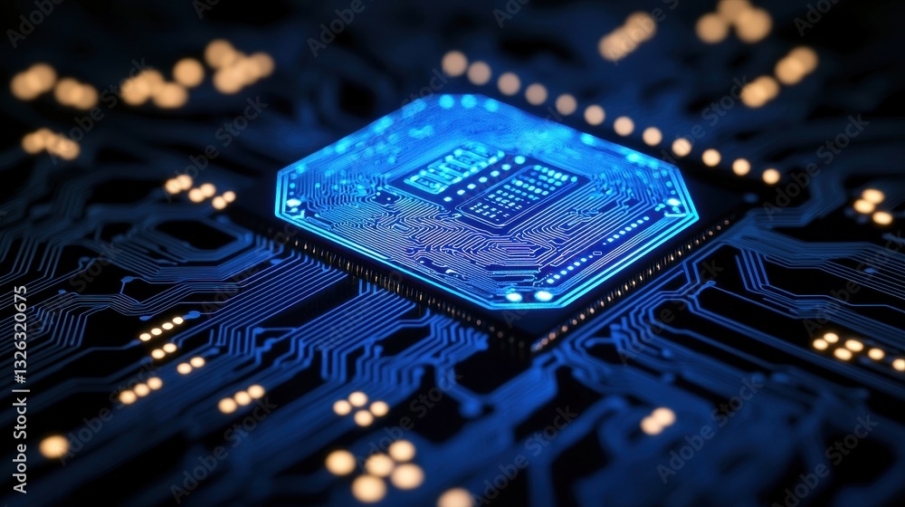 Poster blue microchip on circuit board with illuminated connections