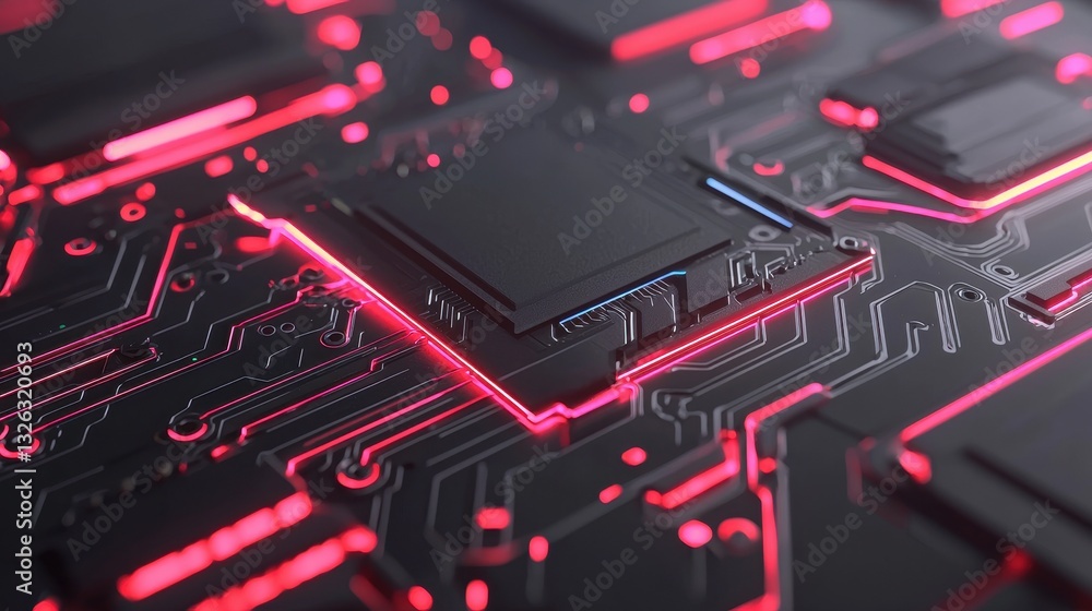 Poster futuristic circuit board with neon lights and complex patterns
