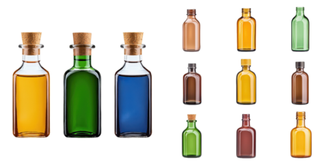 A collection of various glass bottles filled with colorful liquids and sealed with corks.