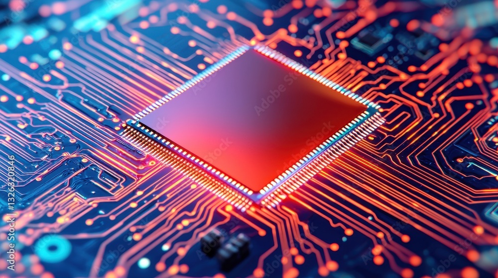 Poster close-up view of a computer processor on a circuit board background