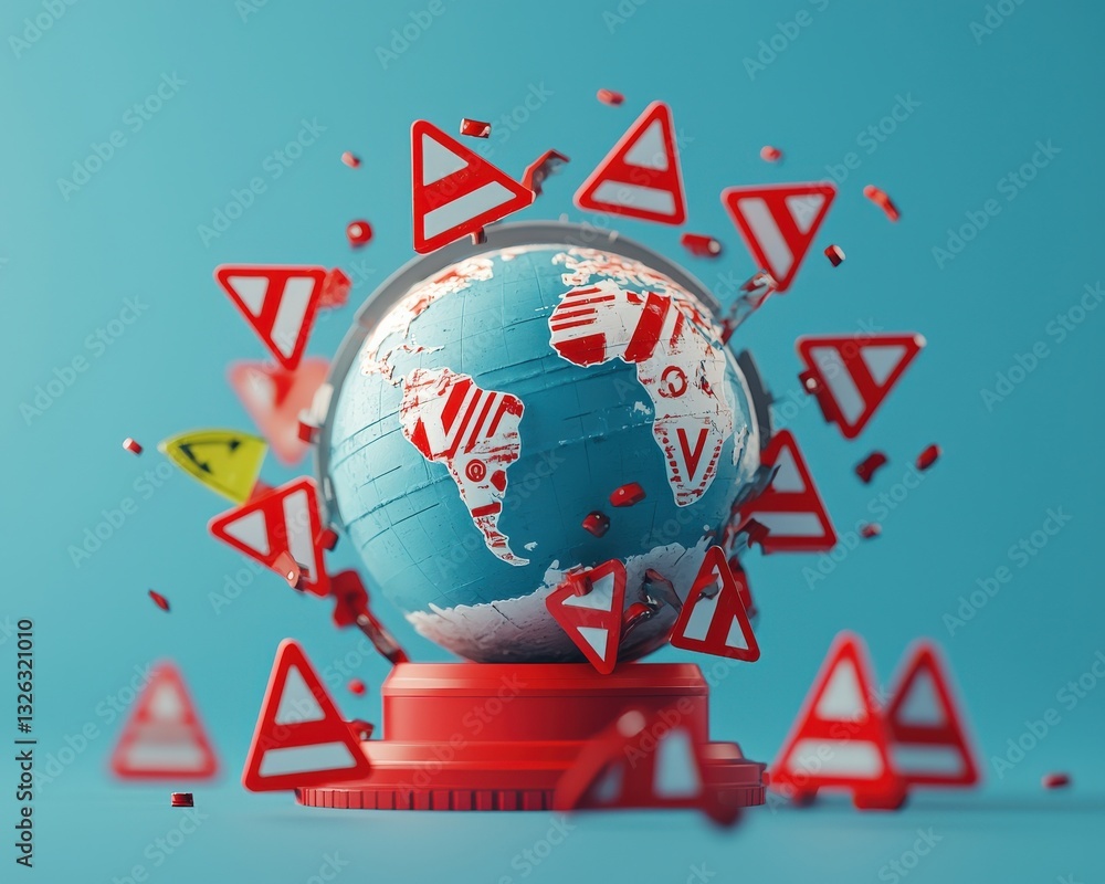 Poster a globe surrounded by triangular warning signs in red and white