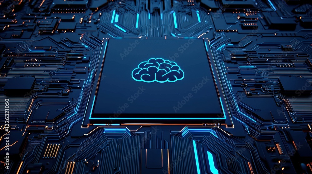 Poster futuristic neural network brain icon on circuit board background
