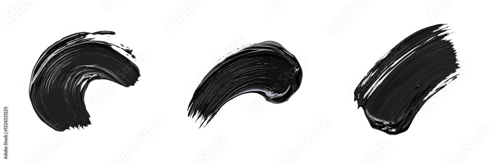 Poster three distinct brushstroke patterns rendered in black paint, showcasing varying shapes and textures.