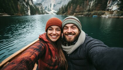 Fototapeta premium Smiling Couple Selfie, Enjoying a Romantic Boat Ride on a Scenic Lake Surrounded by Mountains