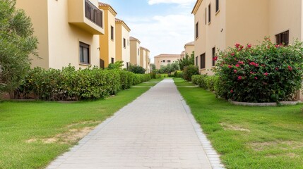 Naklejka premium Pathway Through Beige Buildings and Lush Green Lawns