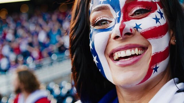 Smiling American sports fan with vibrant USA flag face paint at a stadium event  
