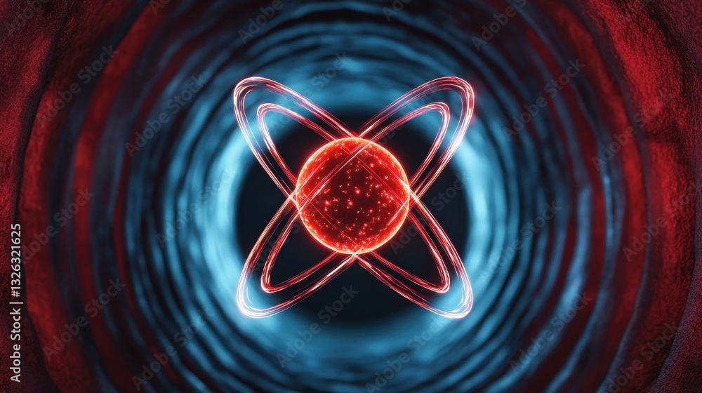 Poster vibrant atomic structure with energy waves in deep space background