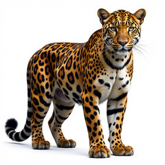 Obraz premium Leopard standing, muscular body, sharp gaze, detailed fur patterns, isolated background