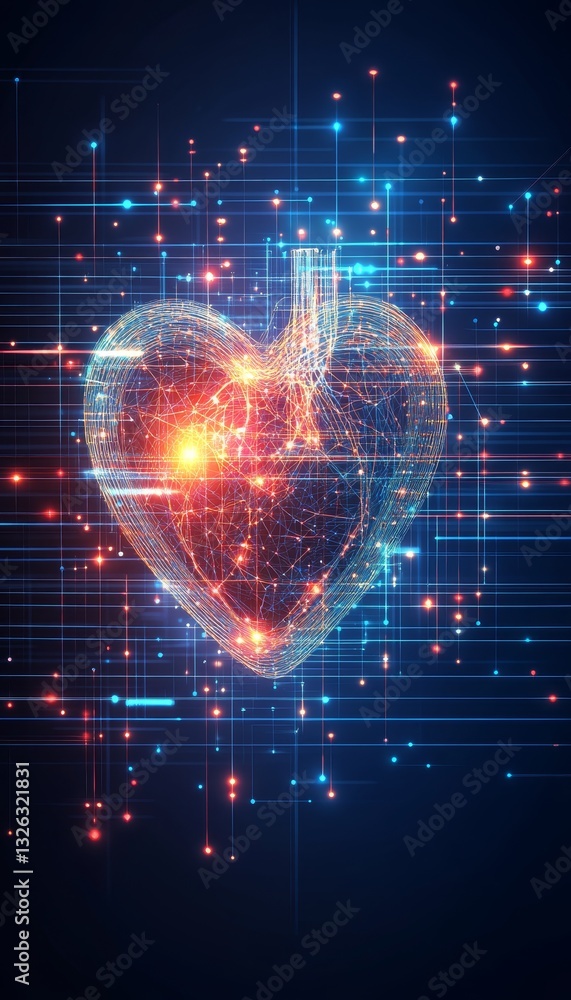 Poster abstract futuristic heart with glowing red dots on a digital background with blue and red lines