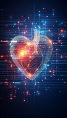 Obraz premium Abstract Futuristic Heart with Glowing Red Dots on a Digital Background with Blue and Red Lines