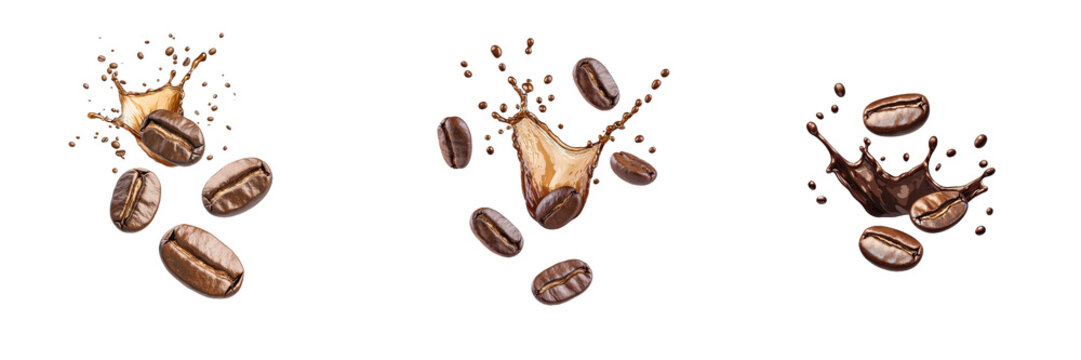 A sequence of coffee beans splashing into liquid, capturing the dynamic interaction of elements in motion.