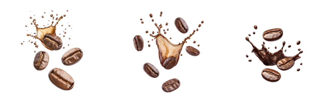 A sequence of coffee beans splashing into liquid, capturing the dynamic interaction of elements in motion.