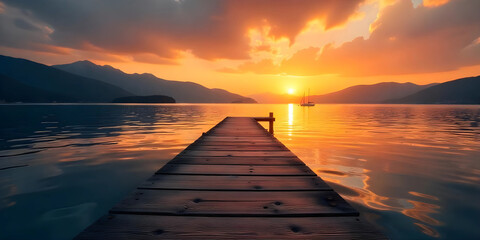 Obraz premium A wooden dock over a lake during sunset