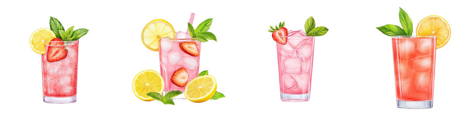 Fototapeta premium A colorful arrangement of refreshing fruit cocktails garnished with mint and lemon slices.