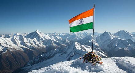 Indian Flag Waves Above Snow-capped Mountains Under Clear Blue Sky
