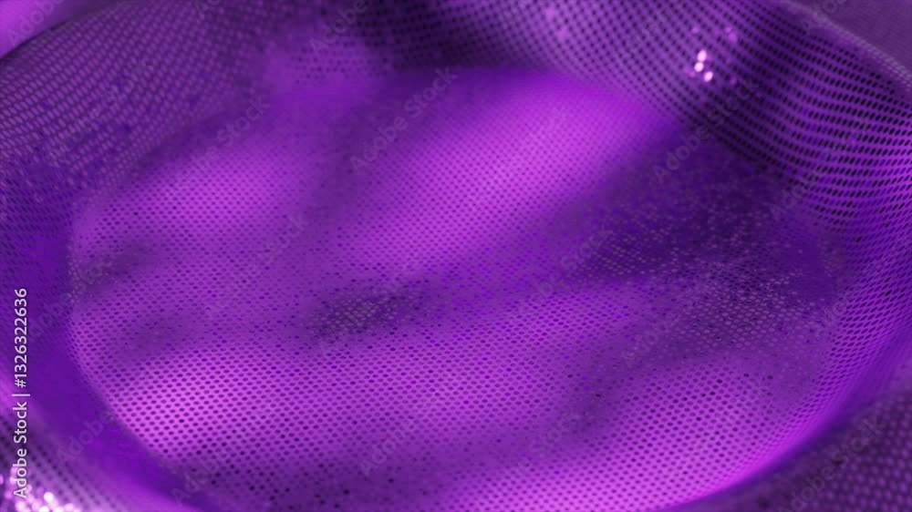 Poster purple textured surface glittering and transforming smoothly into concave circular shape, revealing 