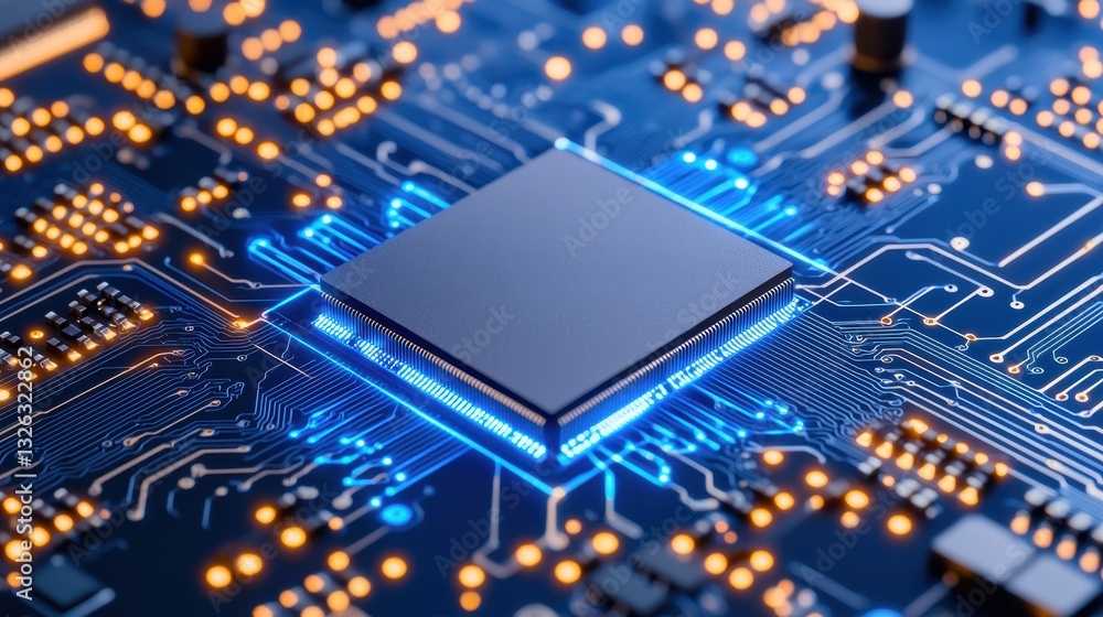 Poster close-up view of microprocessor on circuit board with led lights