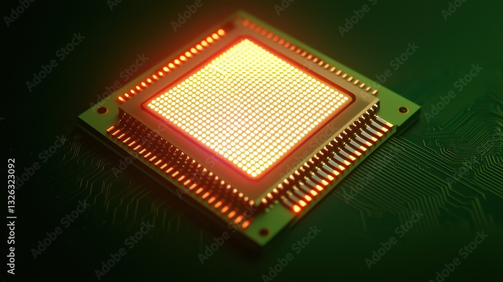 Poster brightly illuminated microchip on circuit board surface in green light
