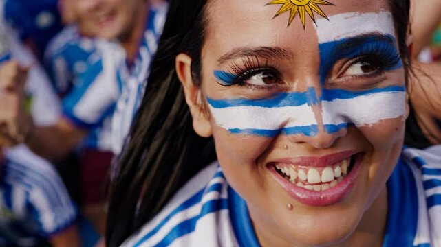 Smiling Uruguayan sports fan with vibrant flag face paint at a stadium event  
