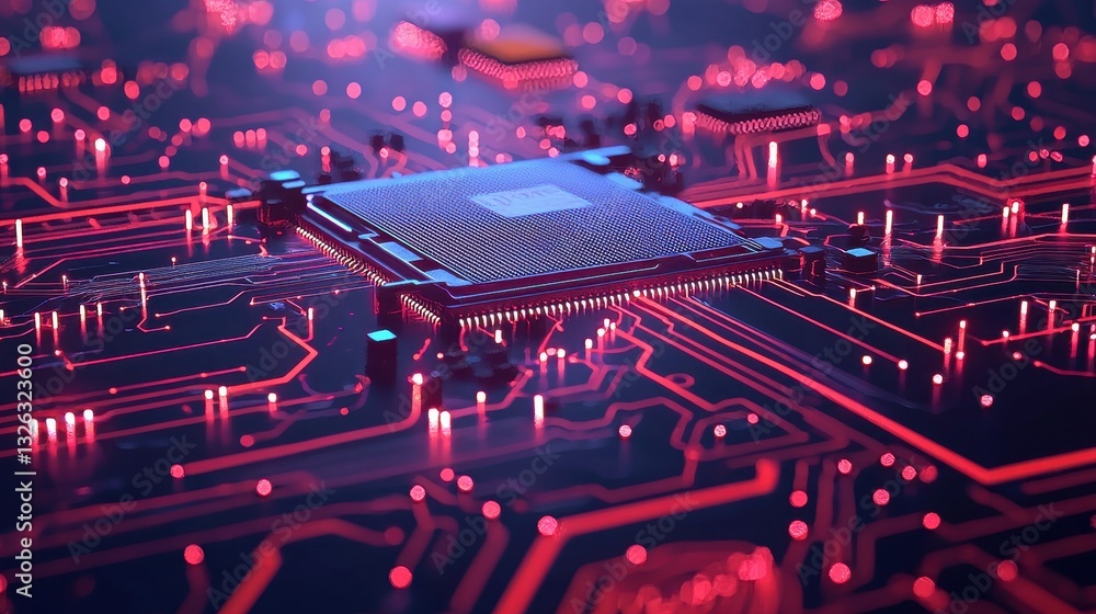 Aufkleber close-up view of red glowing circuit board with microchip details
