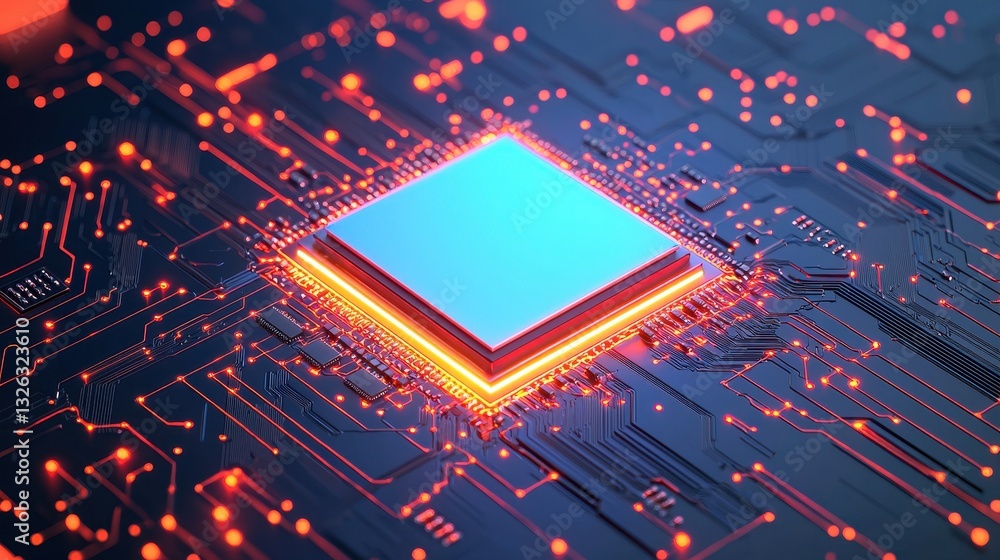Poster futuristic microchip on circuit board with neon glowing lines