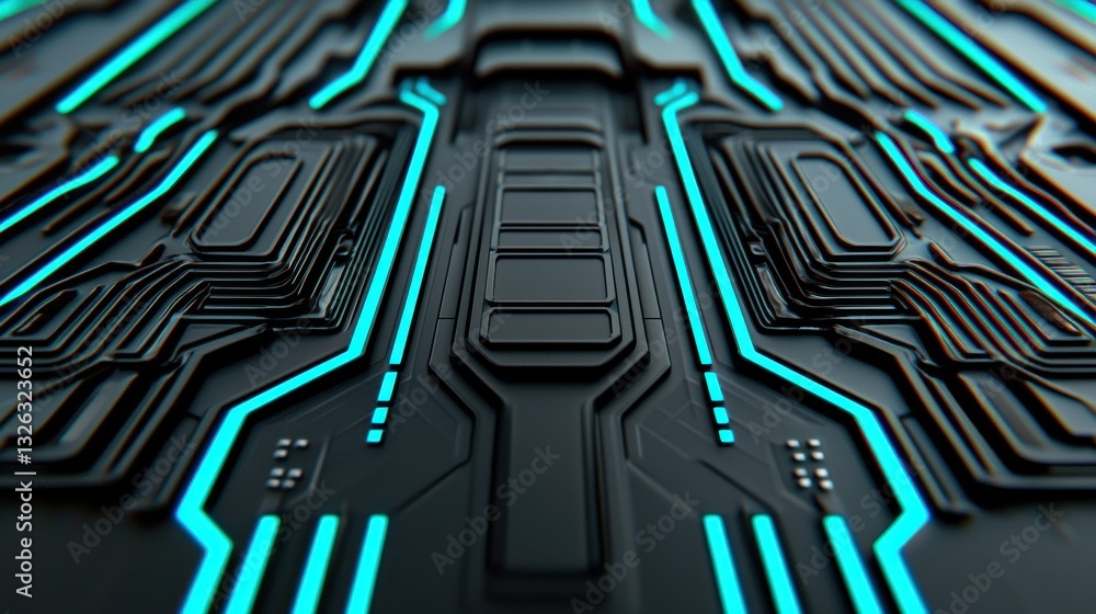 Poster futuristic circuit board design with glowing blue lines and patterns