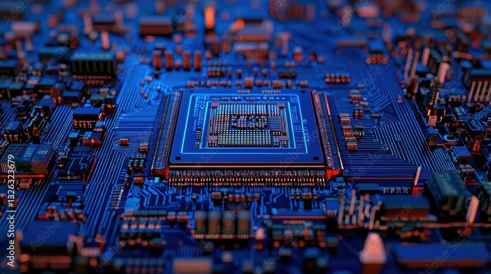 Poster close-up view of modern microchip on circuit board with blue lights