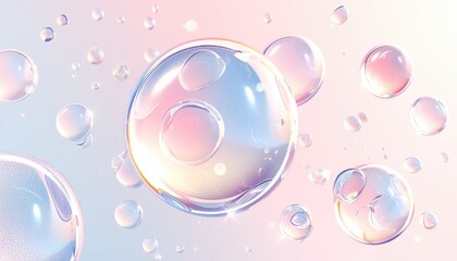 Floating clear iridescent bubbles of varying sizes in a dreamy scene