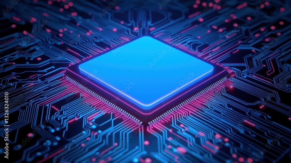 Poster futuristic microchip on circuit board with neon glow and technology