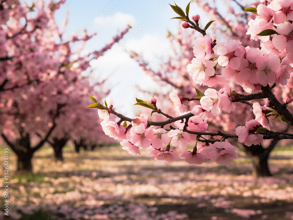 Poster cherry orchards bloom with pink dots in spring, windbreak trees lining the rows
