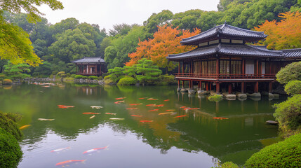 Fototapeta premium Serene garden with traditional structures reflecting in tranquil water during autumn