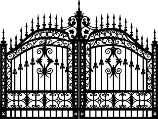 SVG vector features wrought iron gates and gate pillar combinations. Ornate Iron Gate Design with Decorative Elements and Spires