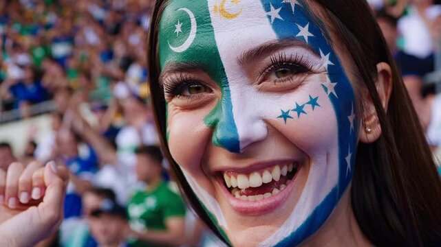 Smiling Uzbekistani sports fan with vibrant flag face paint at a stadium event  
