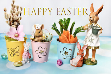 Easter card with decors in pastel colors and inscription Happy Easter