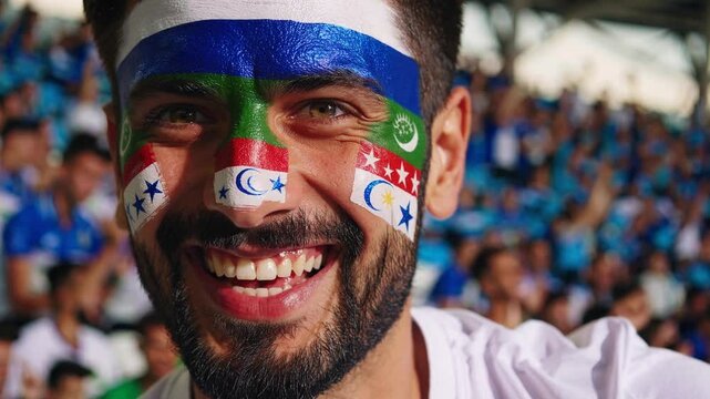 Proud Uzbekistani sports fan with bold flag face paint cheering at a stadium  

