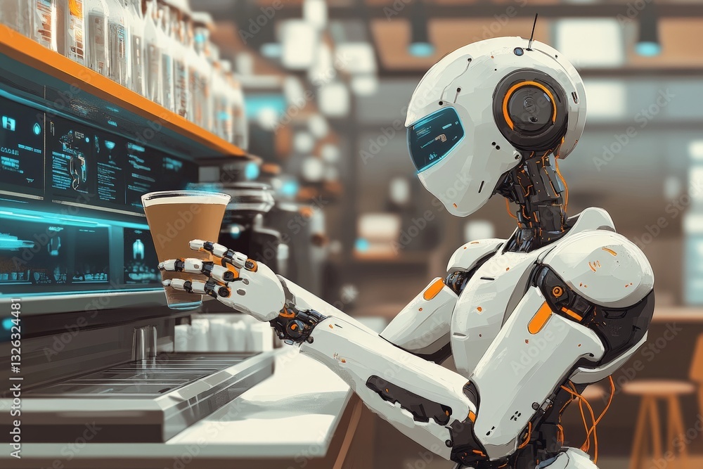 Aufkleber robot serves coffee at a modern cafe with futuristic technology and sleek design in a vibrant urban 