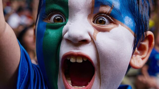 Excited Uzbekistani child with vibrant flag face paint cheering at a sports event  
