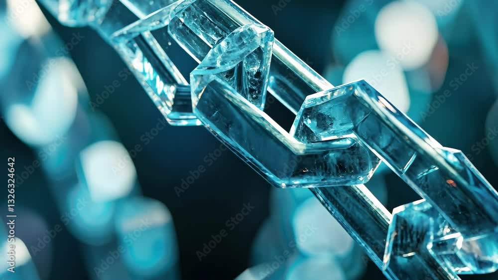Poster abstract representation of blockchain technology with transparent links glimmering in blue light, 4k